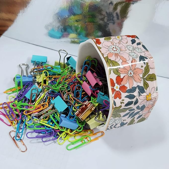 LEAZUL Ceramic Paper Clip Holder Gold Line Paper Clip Dispenser Organizer for Desk Cute Floral Pattern Office Binder Clip Holder Bobby Pin and Hair Clip Holder Gift for Office Pink Flowers