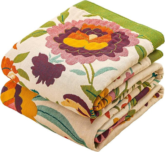 Boho Throw Blanket for Bed Couch 100% Cotton Ultra Soft Large Rustic Quilt t Queen Blanket,Bird Floral Printed Farmhouse Bed Blankets 80"×90", Decorative Reversible Muslin Bed Cover for All Seasons