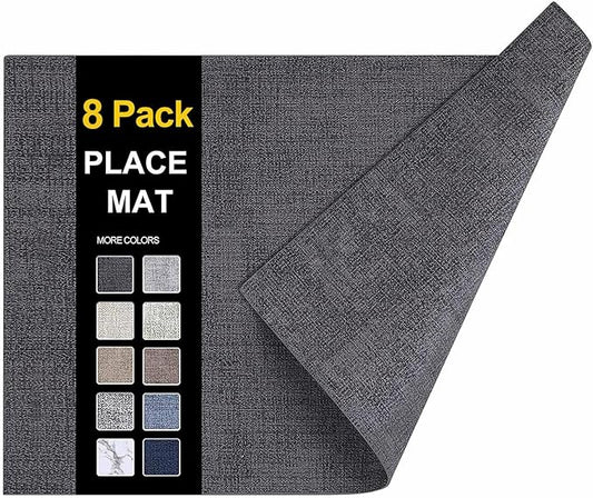 homing Faux Leather Heat Resistant Placemats 8 Packs, Waterproof Wipeable Dining PU Place Mats for Indoor & Outdoor, Easy to Clean, Charcoal