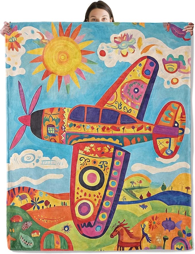 wyxdwh Colorful Airplane Blanket, Cozy Flannel Cartoon Patterned Plane Throw Blanket for Couch Outdoor, Plush Soft Lightweight Travel Blankets for Bed Decor and Gifts, for Women Adults Kids 60"x80"