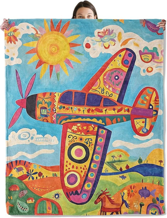 wyxdwh Colorful Airplane Blanket, Cozy Flannel Cartoon Patterned Plane Throw Blanket for Couch Outdoor, Plush Soft Lightweight Travel Blankets for Bed Decor and Gifts, for Women Adults Kids 60"x80"