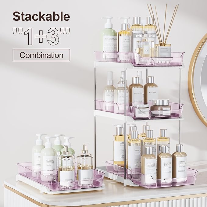 Delamu 2-Tier Multi-Purpose Bathroom Under Sink Organizers and Storage, Stackable Kitchen Pantry Organization, Pull Out Medicine Cabinet Organizer with Movable Dividers, Purple, 2 Pack