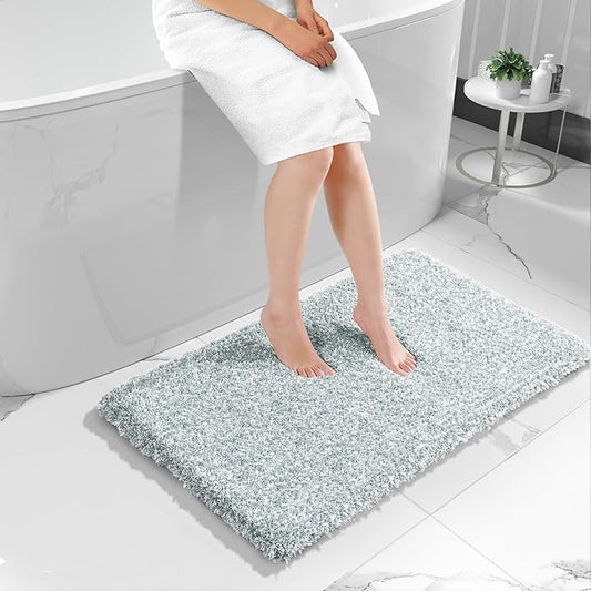 Yimobra Luxury Bathroom Rugs, Fluffy Bath Mats, Non Slip, Water Absorbent Microfiber, Machine Washable, Plush Carpet Shower Rugs, Thick Matts for Bathroom Floor/Tub, 44"x 24", Sky Light Blue and White