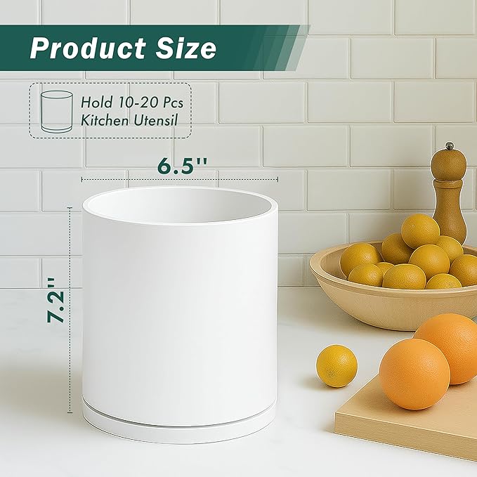 D'vine Dev 360° Rotating Utensil Holder – 7.2" Kitchen Utensil Crock for Countertop, Modern Cooking Tool Organizer for Kitchen Storage & Décor, White, 72-X-A-2