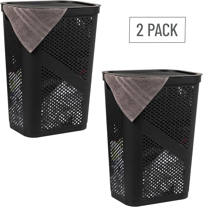 Mind Reader 60L Slim Laundry Hamper, Clothes Basket, Lid, Ventilated, Plastic, Set of 2, Black
