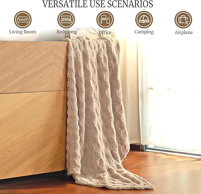 BYKOSY Checkered Fleece Throw Blankets-Cozy Fluffy Soft Lightweight Luxury Blanket for Travel, Sofa, Couch, Bed & Car, Gifts for Teen Girls, Women and Men, Home and Dorm Decor, Beige, 50" x 70"