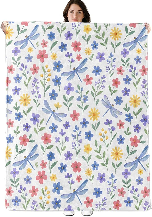 Dragonfly Floral Blanket, 50"x40" Flannel Cozy Lightweight Colorful Wildflower Throw Blankets Gifts for Couch Bed Living Room Decor, Soft Blanket for Women Kids