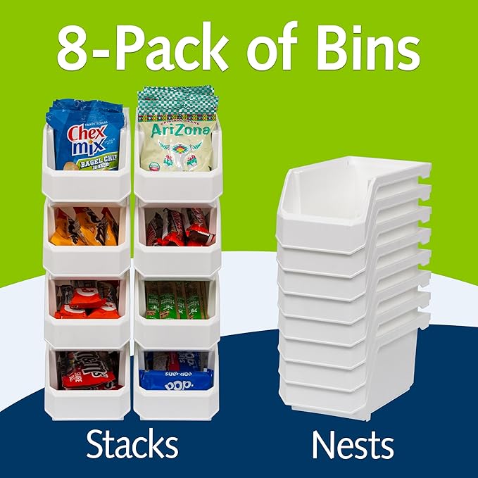 ReadySpace Plastic Containers for Organizing and Storage Bins for Closet, Kitchen, Office, Garage or Pantry Organization, Stackable Bins, Medium (11" x 5" x 5.5"), 8-Pack, White