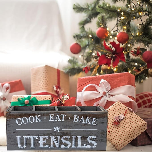 LIBODOUR Utensil Holder,Extra Large Wooden Utensil Holder For Kitchen Counter,Cooking Spatula Organizer,Big Storage Caddy With 4 Compartments Flatware Spoon Tool Cutlery(Light Grey)