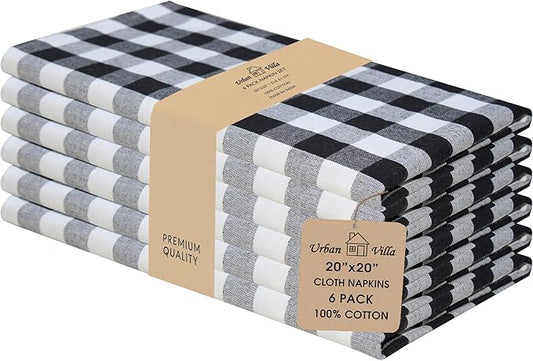 Urban Villa Cotton Dinner Napkins Set of 6, Highly Absorbent 20x20 Inches Premium Cloth Napkins Hotel Quality Reusable & Washable Table Dinner Napkins For Home & Weddings - Black/White, Buffalo Checks