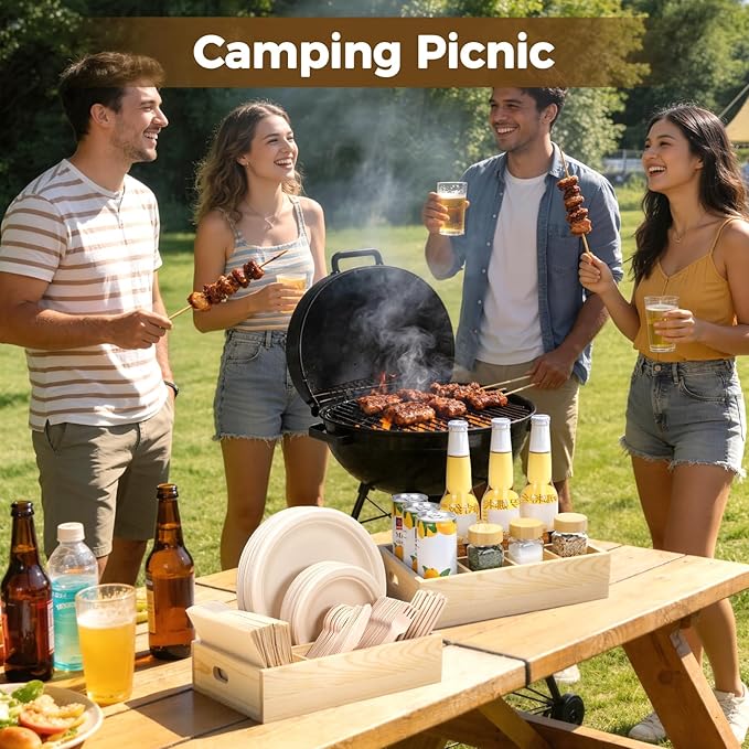 Utensil Holder for Party,Paper Plate Holders,Wood Silverware Organizer for Kitchen Countertop,Silverware Caddy,Essentials for Parties,Cutlery Flatware Organizer for Spoons Forks Napkins Cup,Set of 2