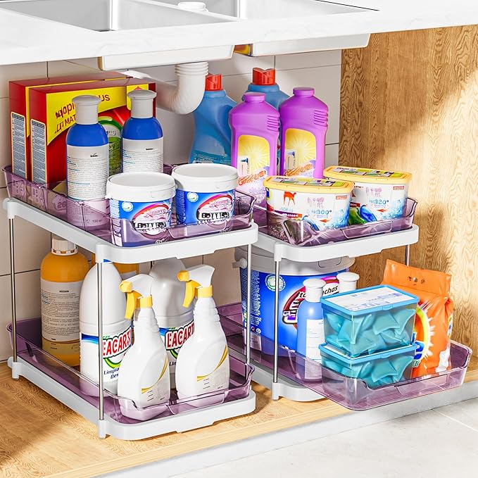 Delamu 2-Tier Multi-Purpose Bathroom Under Sink Organizers and Storage, Stackable Kitchen Pantry Organization, Pull Out Medicine Cabinet Organizer with Movable Dividers, Purple, 2 Pack