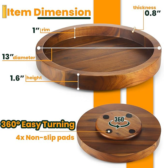 13" Acacia Wood Lazy Susan Organizer for Cabinet - Round Lazy Susans Turntable for Countertop - Wooden Kitchen Rotating Storage Food Bin Container for Centerpiece Table, Spices, Pantry