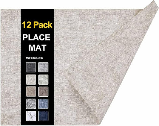 homing Faux Leather Heat Resistant Placemats 12 Packs, Waterproof Wipeable Dining PU Place Mats for Indoor & Outdoor, Easy to Clean, Beige