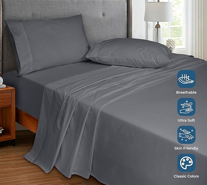 Royale Linens 100% Organic Cotton King Flat Sheet Only - Super Soft - Percale Top Sheets - King Flat Sheet Sold Separately - Breathable, Cool & Crisp Grey Sheets Only (105" x 102", Grey)
