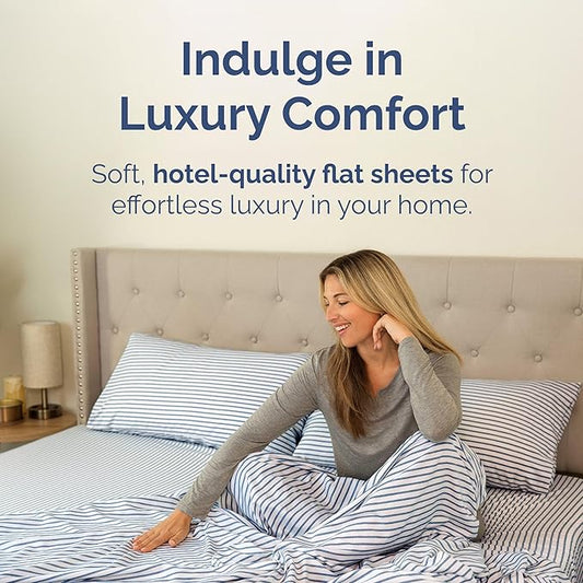 Queen Size Flat Sheet - Hotel Quality Top Flat Bed Sheet Only - Ultra-Soft, Comfy, Breathable & Cooling - Fade & Wrinkle Free - Easy-Care, Stain & Shrink Resistant Bedding - Oeko-Tex - Blue Stripes