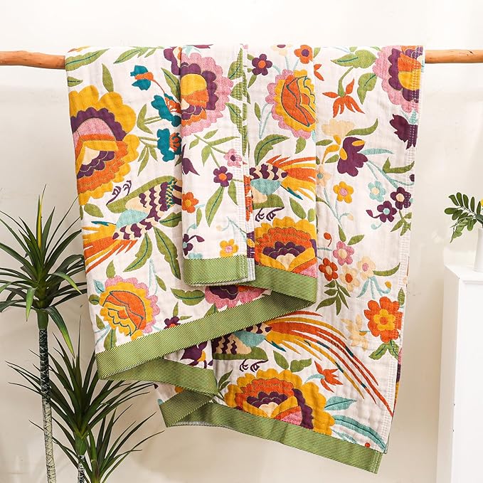 Boho Throw Blanket for Bed Couch 100% Cotton Ultra Soft Large Rustic Quilt t Queen Blanket,Bird Floral Printed Farmhouse Bed Blankets 80"×90", Decorative Reversible Muslin Bed Cover for All Seasons