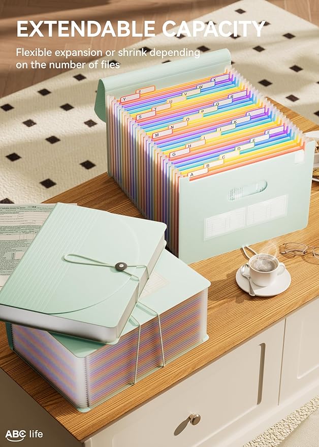 ABC life 26-Pocket Accordion File Organizer, Expanding File Folder, Letter/A4 Size Plastic Monthly Bill & Tax Receipt Holder with A-Z Tabs for Home, Office, Classroom - Sage Green