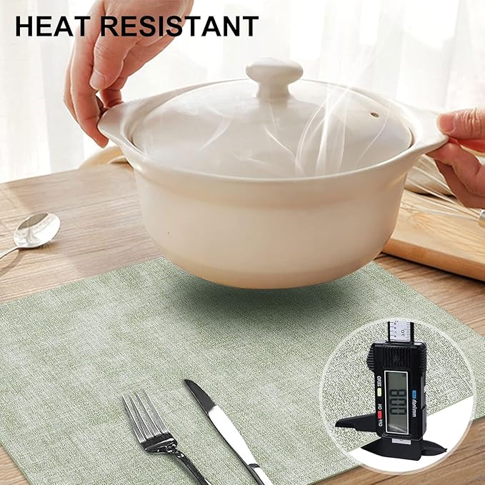 homing Faux Leather Heat Resistant Placemats 6 Packs, Waterproof Wipeable Dining PU Place Mats for Indoor & Outdoor, Easy to Clean, Light Green