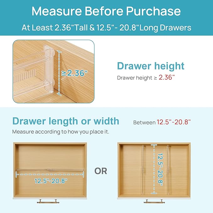 Vtopmart 8 Pack Shallow Drawer Dividers, 2.36" High 12.5"-20.8" Adjustable Expandable Kitchen Drawer Organizer, Clear Plastic Organizer Separators for Flatware, Utensil, Cutlery, Underwear, Clothes