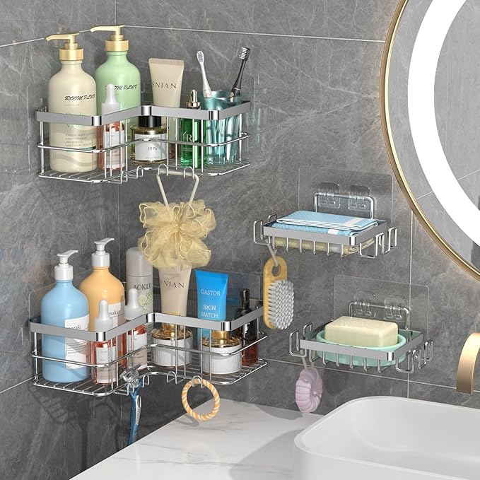 Yazoni Corner Shower Caddy, 4-Pack Adhesive Shower Shelves with Soap Holder No Drilling, Rustproof Bathroom Shower Organizer Storage, Silver