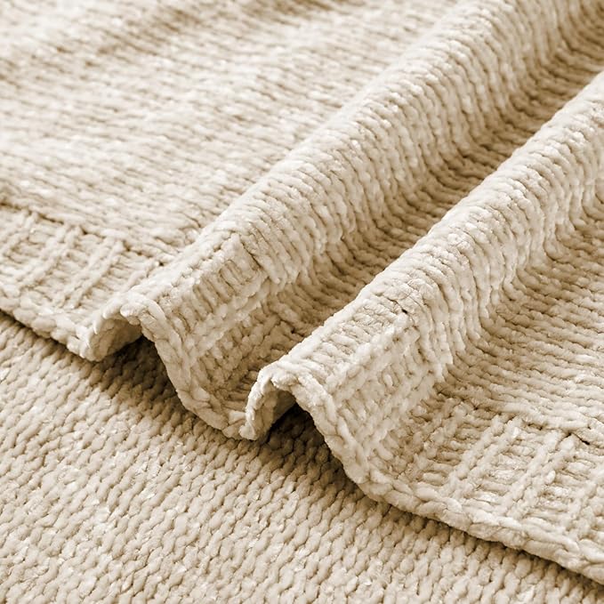 BATTILO HOME Knit Chenille Throw Blanket for Couch, Cozy Beige Throw Blankets for Home Decor,Lightweight Soft Throw for Bed,Sofa,Chair 51"x67"