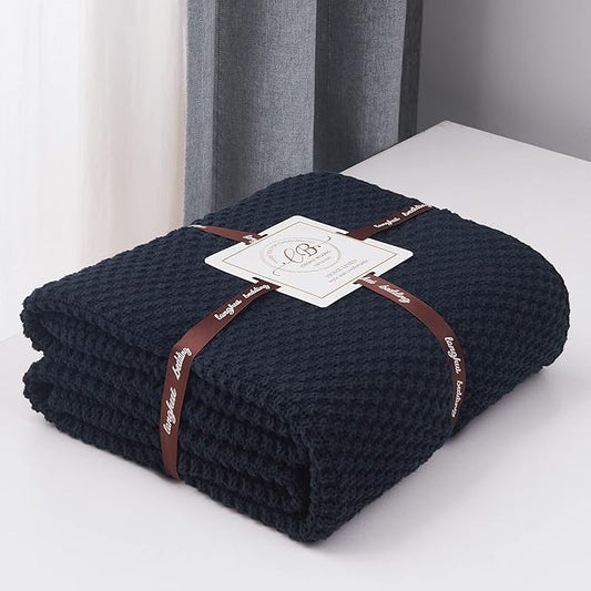 Longhui bedding Dark Navy Blue Knitted Throw Blanket for Couch, Soft, Cozy Machine Washable 100% Cotton Sofa Knit Blankets, Heavy 3.0lb Weight, 51 x 63 Inches, Dark Navy Blue Color.