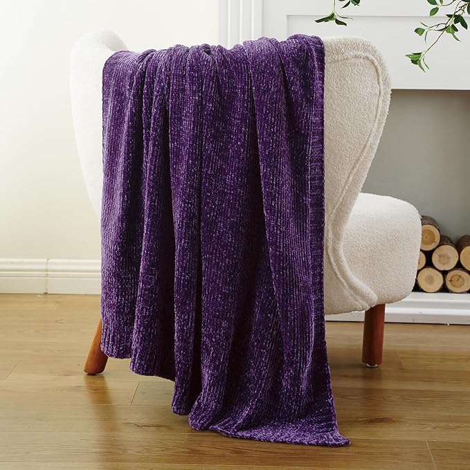 BATTILO HOME Chenille Knitted Throw Blanket for Couch, Decorative Cozy Dark Purple Throw Blanket for Bed Sofa Outdoor, Super Soft Purple Blankets Chenille Blankets for Home Decor, 51"x67"