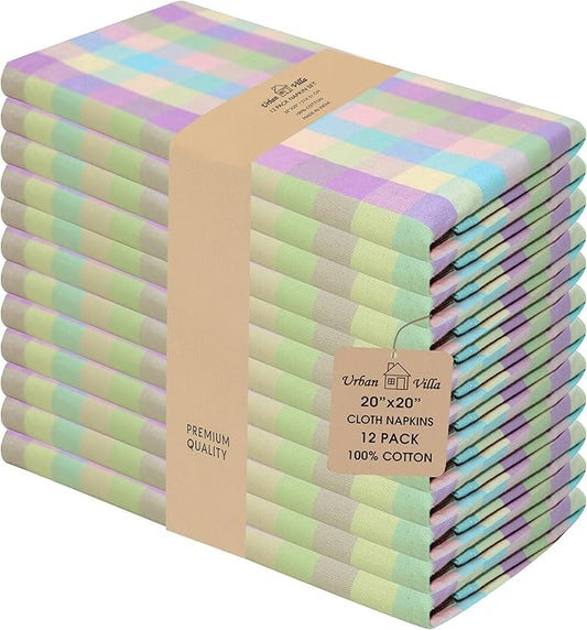 Urban Villa Cloth Napkins Set of 12 20x20 Inches 100% Cotton Napkins Cloth Washable Soft Durable Reusable Absorbent Table Dinner Napkins Cloth for Hotel Lunch Restaurant Weddings Parties-Easter Checks
