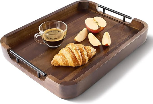 Ottoman Tray for Living Room – 17"x13" Rectangle Serving Tray with Handles – Acacia Wooden Tray for Coffee Table, Living Room, Breakfast in Bed – Decorative Trays for Ottoman (Walnut Color)
