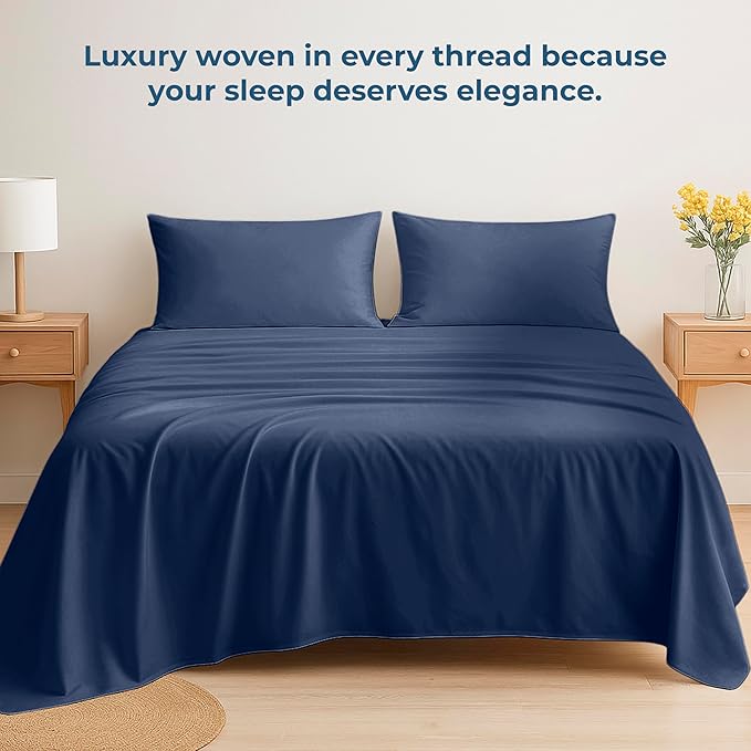 Royale Linens 100% Organic Cotton Twin XL Flat Sheet Only - Super Soft - Percale Top Sheets - Twin XL Flat Sheet Sold Separately - Breathable, Cool & Crisp Navy Sheets Only (66" x 102", Navy)