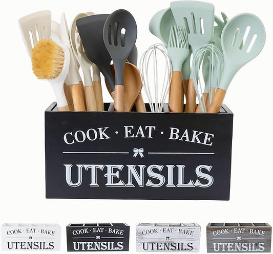 LIBODOUR Utensil Holder,Large Wooden Utensil Holder For Kitchen Counter,Cooking Spatula Organizer,Big Storage Caddy With 3 Compartments Flatware Spoon Tool Cutlery（Black）