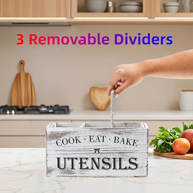 LIBODOUR Utensil Holder,Large Wooden Utensil Holder For Kitchen Counter,Cooking Spatula Organizer,Big Storage Caddy With 3 Compartments Flatware Spoon Tool Cutlery（Light White）