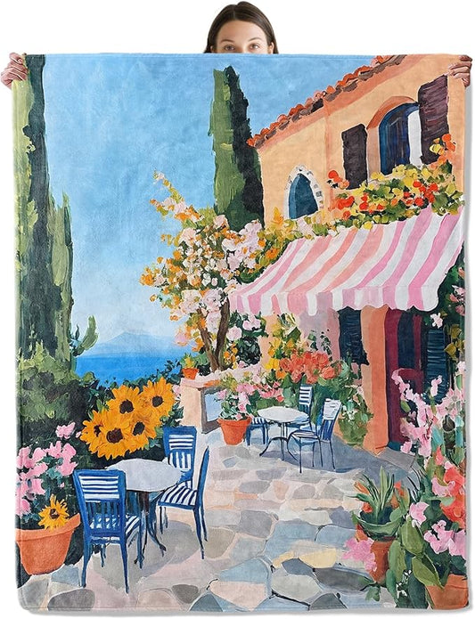 wyxdwh Beautiful Cafe Scenery Blanket, Cozy Flannel Vibrant Coastal Throw Blanket for Couch Outdoor, Plush Soft Lightweight Travel Blankets for Bed Decor and Gifts, for Women Girls Adults Kids 40"x50"