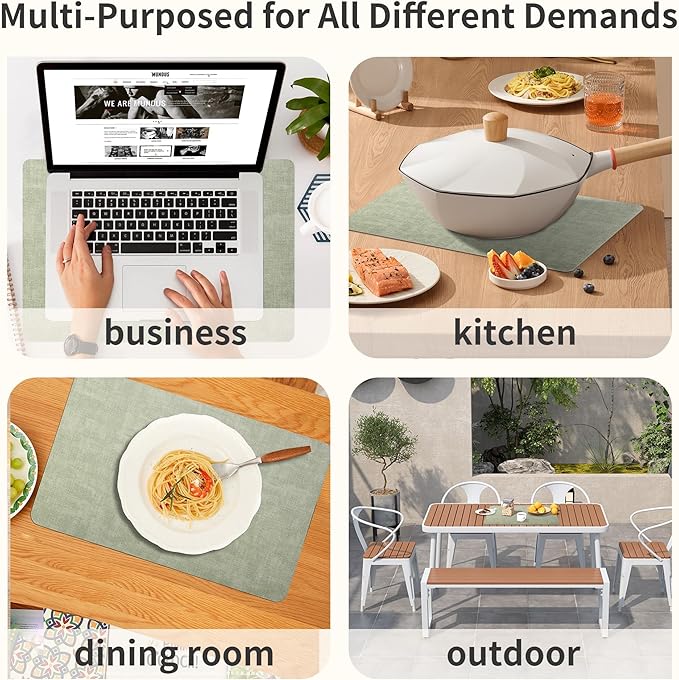 Maxpearl Faux Leather Placemats Set of 8 – Waterproof, Wipe Clean, Heat Resistant, Non-Slip Dining Table Mats for Indoor & Outdoor Use, 17”×12”, Sage Green