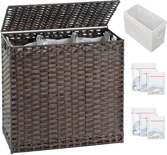 SETVSON Laundry Hamper with Lid Laundry Basket 132 L (35 Gal) Wicker Clothes Hamper, Handwoven Rattan Hamper with Handles and 4 Removable Liner Bags, 6 Mesh Bags for Laundry Bedroom Brown