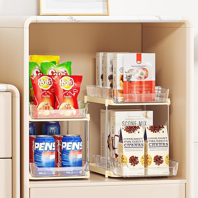 Delamu 2-Tier Multi-Purpose Bathroom Under Sink Organizers and Storage, Stackable Kitchen Pantry Organization, Pull Out Medicine Cabinet Organizer with Movable Dividers, Beige, 4 Pack