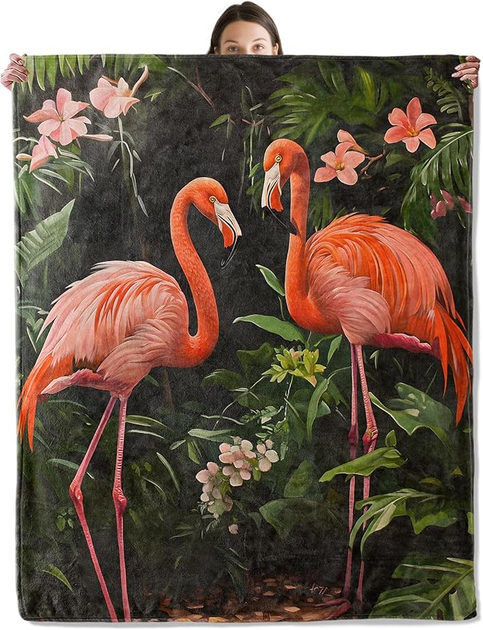 wyxdwh Jungle Flamingo Blanket, Cozy Flannel Flamingos with Leaves & Flowers Throw Blanket for Couch Outdoor, Plush Soft Lightweight Travel Blankets for Bed Decor and Gifts, for Women Adults 60"x80"