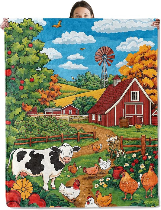 wyxdwh Cute Cow and Chickens Blanket, Cozy Flannel Red Barn and Farm Throw Blanket for Couch Outdoor, Plush Soft Lightweight Travel Blankets for Bed Decor and Gifts, for Women Adults Kids 60"x80"