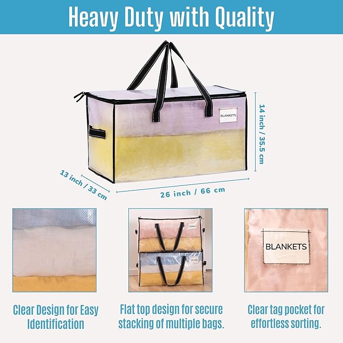 VENO 4 Pack Moving Bags, Christmas Storage Bins, Moving Boxes Alternative, Comforter and Blanket Storage Bags, College Dorm Packing Supplies, Foldable Heavy-Duty Tote (Clear, 4 Pack)