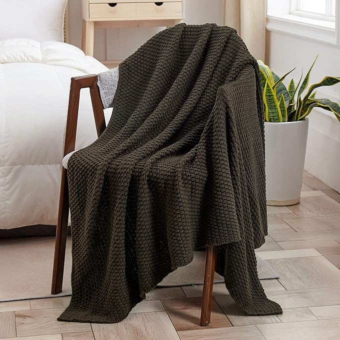 Longhui bedding Dark Brown Knitted Throw Blanket for Couch, Soft, Cozy Machine Washable 100% Cotton Sofa Knit Blankets, Heavy 3.0lb Weight, 51 x 63 Inches.