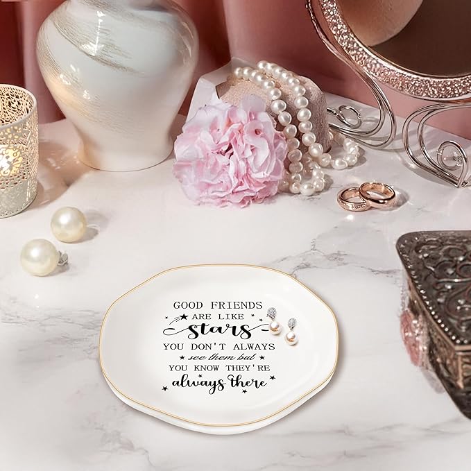 Friend Gifts Trinket Dish for Women, Unique Friendship Gifts, Good Friends are Like Stars Ceramic Ring Dish Jewelry Tray for Birthday Christmas Gift for Mom, Sister, Best Friends (GOOD Friends)
