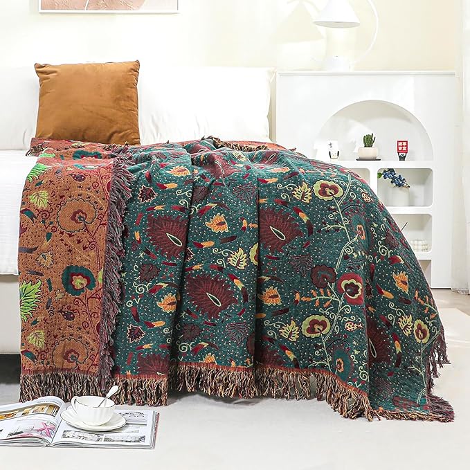 Boho Fall Throw Blanket for Bed,100% Ultra Cotton Soft Breathable Bed Throw Floral Printed Farmhouse Decor Rustic Bed Throws for Couch Sofa Quilt 90" x 98"