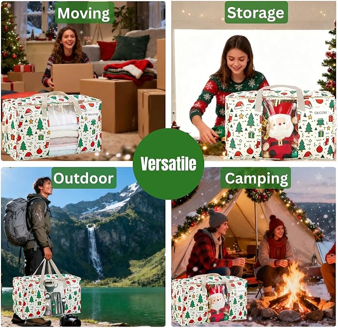 VENO 4 Pack Moving Bags, Large Christmas Storage Bins with lids, Packing Supplies for College, Alternative to Moving Boxes, Foldable, Heavy-Duty Tote, Christmas Pattern (Jingle Mix, 4 Pack)