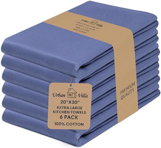 Urban Villa Kitchen Towels 100% Cotton Dish Towels for Kitchen(Set of 6) 20”x30” Dish Cloths Highly Absorbent Kitchen Linen Set with Hanging Loop Perfect for Drying Dishes Cleaning Hand Towels - Blue