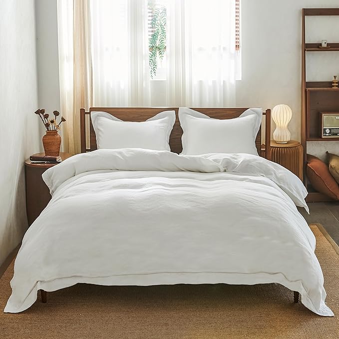 Simple&Opulence 100% French Linen Pillowcase Queen Size Set of 2, Pure Flax Pillow Covers with Embroidered, Solid Color Pillow Cases with Overlap Closure -Soft and Durable (20" X 26", White)