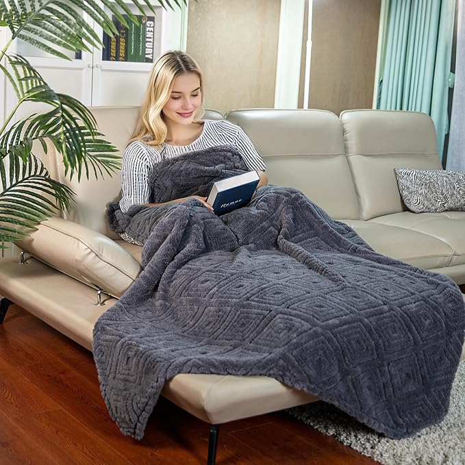 BYKOSY Geometric 50x70 Inch Flannel Jacquard Throw Blanket- Soft & Cozy Luxurious Blankets for Couch, Bed, Sofa, Travel，Home and Dorm Decor，Housewarming Gift for Women & Men,Dark Grey