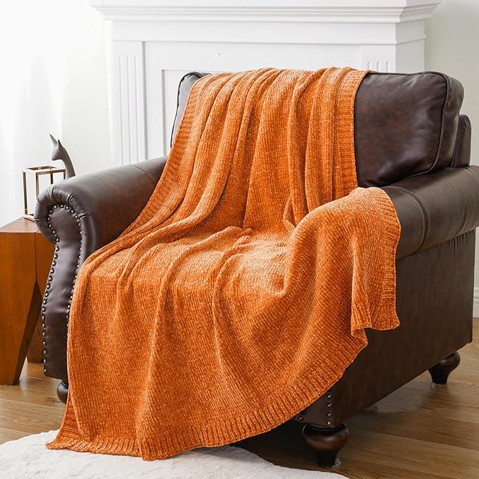 BATTILO HOME Orange Chenille Throw Blanket for Fall Decor, Fall Knit Throw Blankets, Soft Cozy Pumpkin Color Throw Blankets for All Seasons, 51"x67"