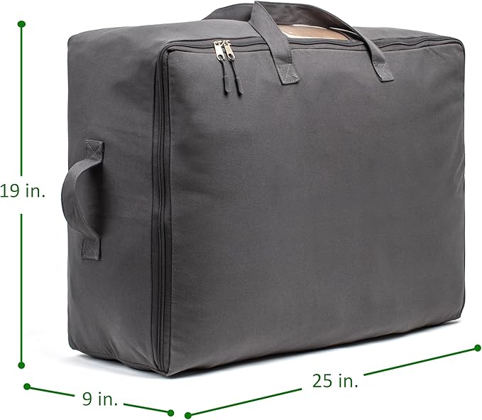 Soft Canvas Storage Bags with Zipper. Thick Breathable, 2pc King/Queen Comforter Organizer. Four Carrying Handles and Window. Large 25x19x9in Bag for Sheets Blankets Bedding Pillows, Clothes (Grey)