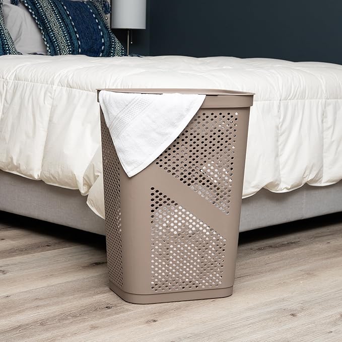 Mind Reader 60L Slim Laundry Hamper, Clothes Basket, Lid, Ventilated, Plastic, Set of 2, Tan